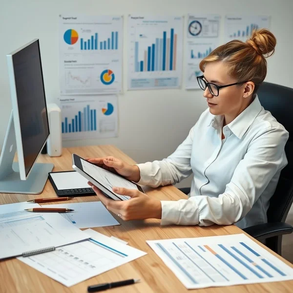 A professional analyzing a Procurement Report on a tablet