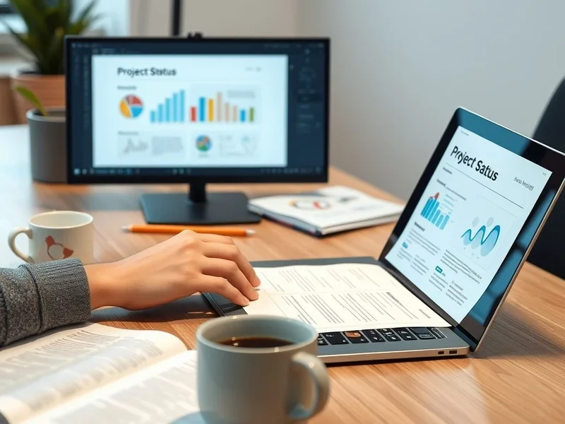 A professional writing a Project Status Report on a laptop