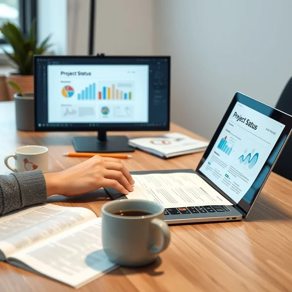 A professional writing a Project Status Report on a laptop