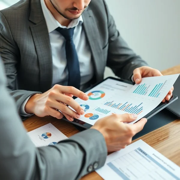 A professional analyzing a Procurement Report on a tablet