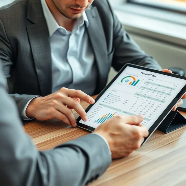 A professional analyzing a Procurement Report on a tablet