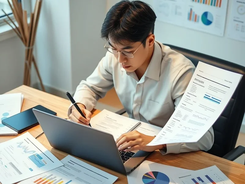 노트북으로 Project Status Report를 작성 중인 전문가