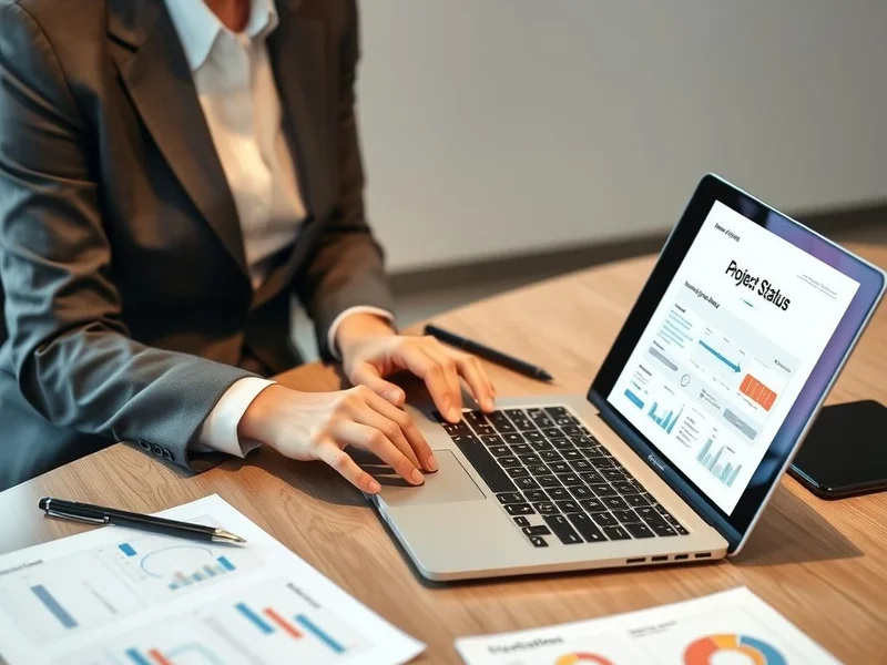 Bir profesyonel, dizüstü bilgisayarda Project Status Report yazıyor
