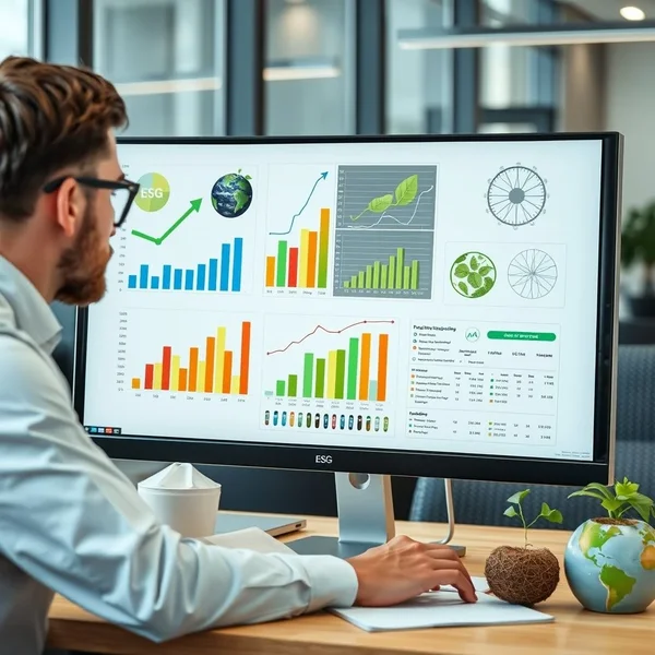 A professional reviewing charts and graphs for a Sustainability Report