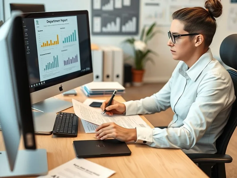Ein Mitarbeiter verfasst an seinem Schreibtisch einen Department Report