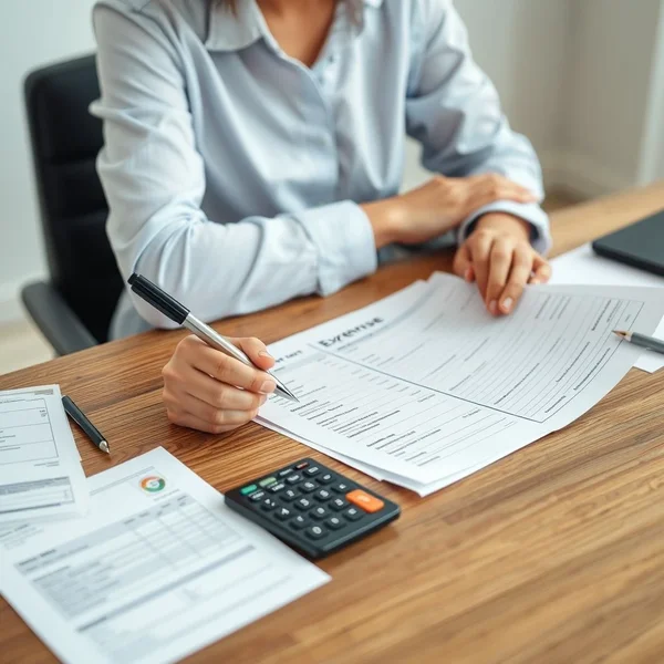 Eine Person füllt ein Expense Report-Formular mit Belegen daneben aus