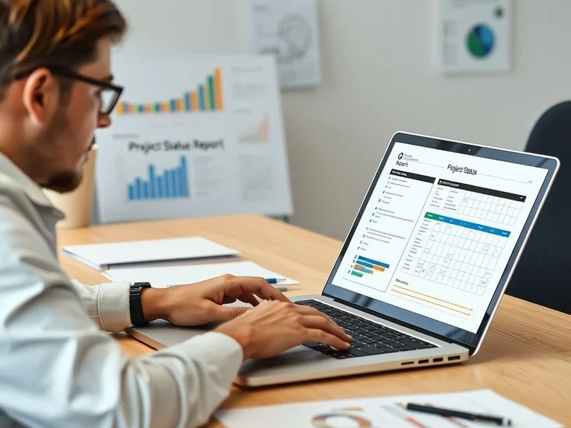 A professional writing a Project Status Report on a laptop