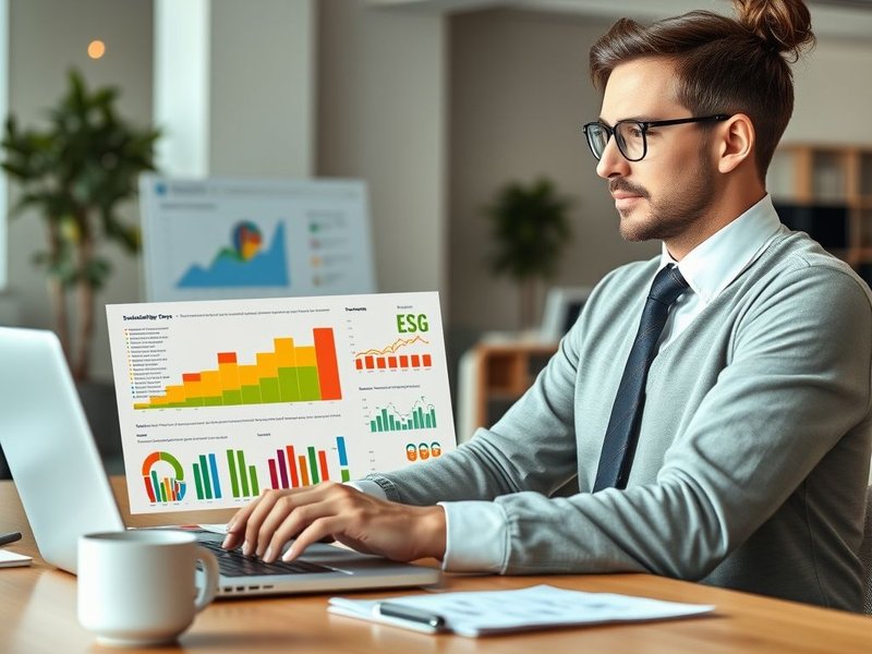 A professional reviewing charts and graphs for a Sustainability Report