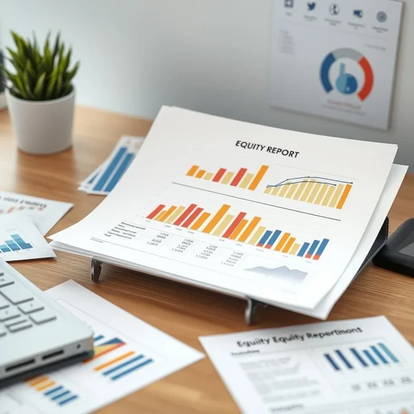 صورة تُظهر تقرير Equity Report احترافي على مكتب