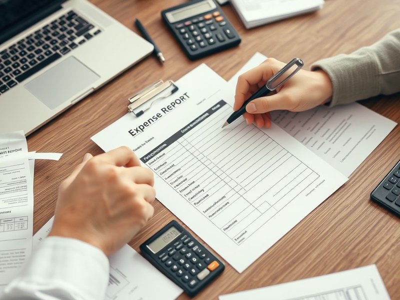 شخص يقوم بملء نموذج Expense Report مع إيصالات بالقرب منه