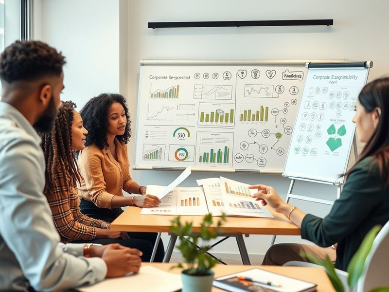 فريق من الموظفين يناقش تقرير Corporate Responsibility Report على سبورة