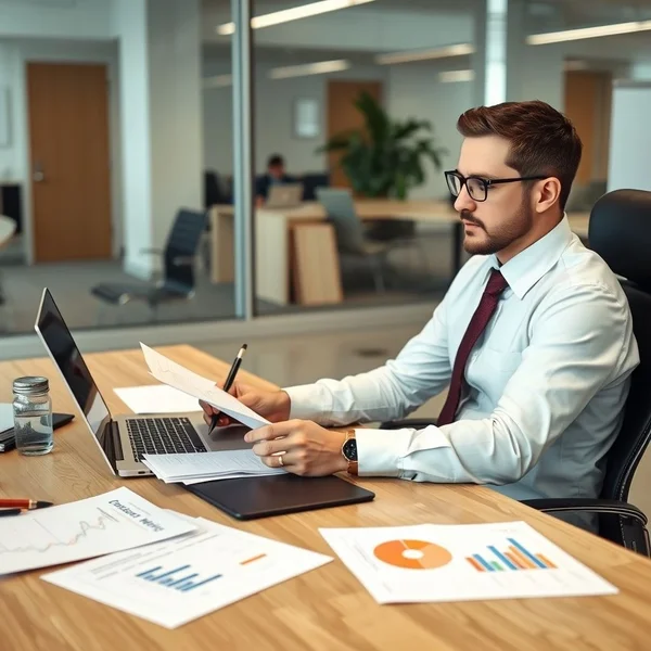 An employee writing a Department Report at their desk