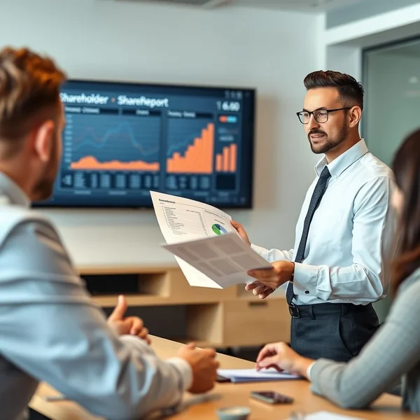 شخص محترف يقدّم تقرير Shareholder Report في اجتماع