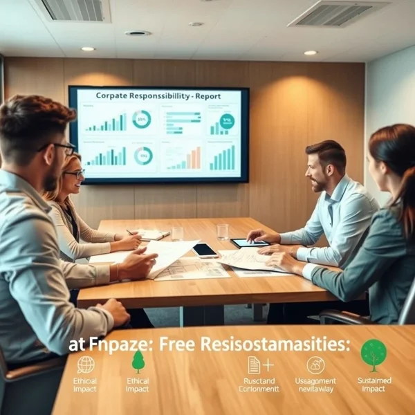 An employee team discussing a Corporate Responsibility Report on a whiteboard