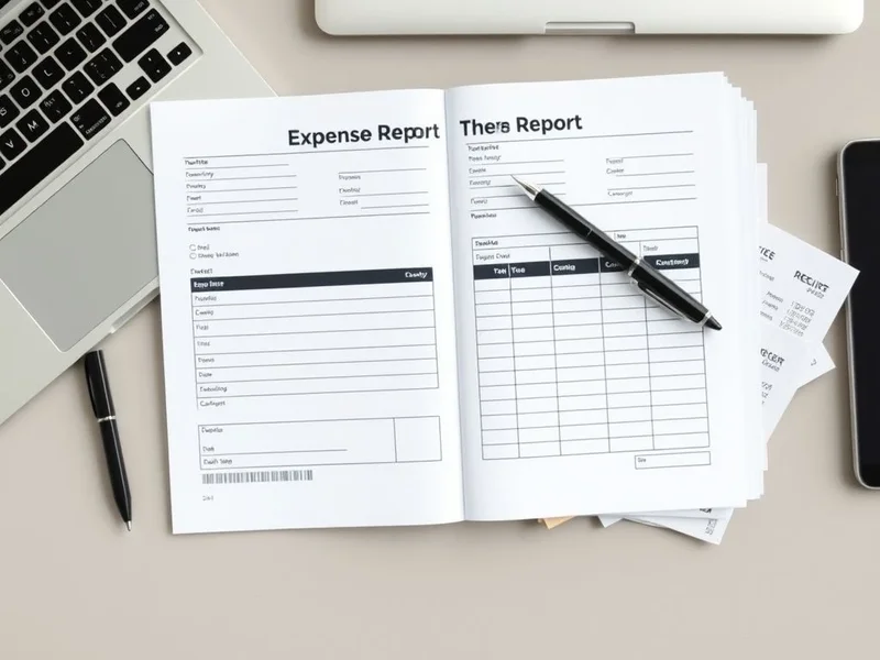 A person filling out an Expense Report form with receipts nearby