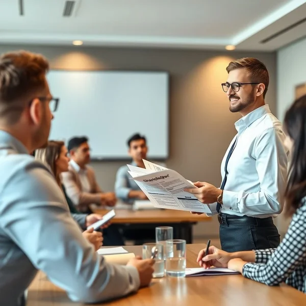 A professional presenting a Shareholder Report in a meeting