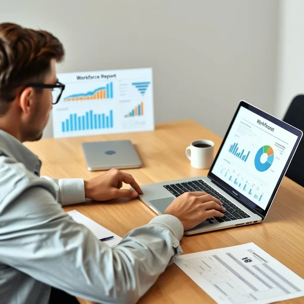 A professional analyzing a Workforce Report chart on a computer