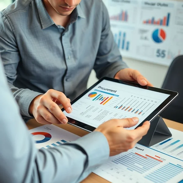 A professional analyzing a Procurement Report on a tablet