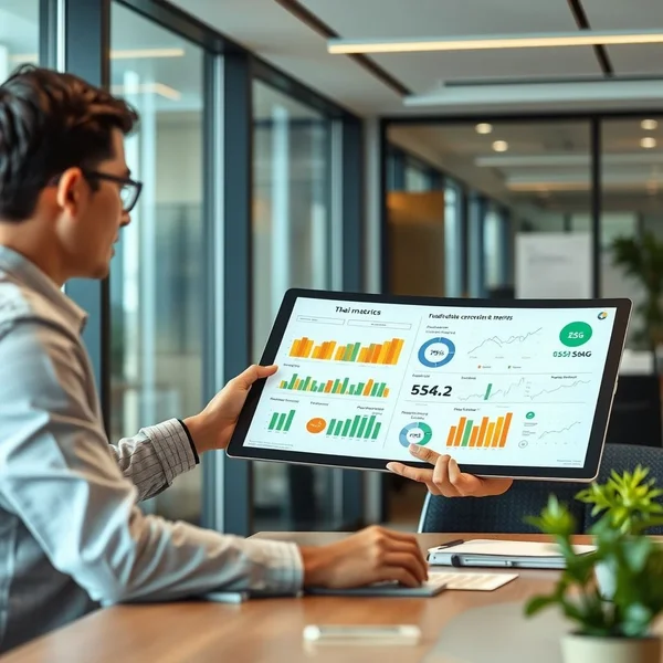 A professional reviewing charts and graphs for a Sustainability Report