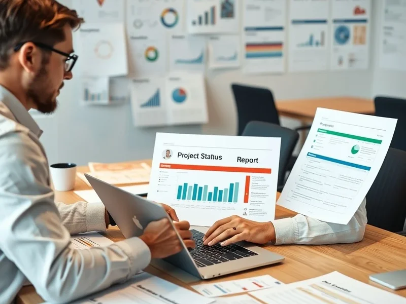 A professional writing a Project Status Report on a laptop