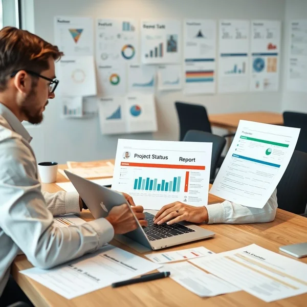 A professional writing a Project Status Report on a laptop