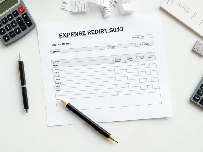 A person filling out an Expense Report form with receipts nearby