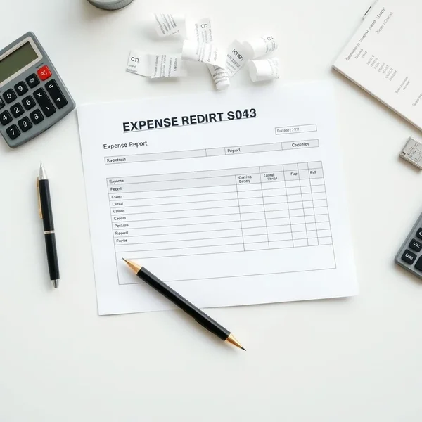 A person filling out an Expense Report form with receipts nearby