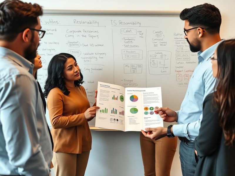 An employee team discussing a Corporate Responsibility Report on a whiteboard