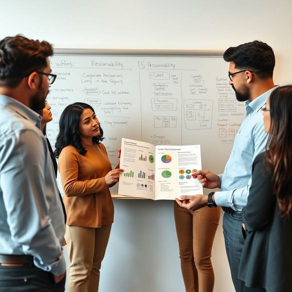 An employee team discussing a Corporate Responsibility Report on a whiteboard