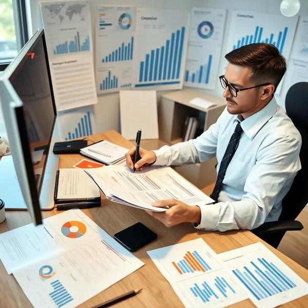 An employee writing a Department Report at their desk