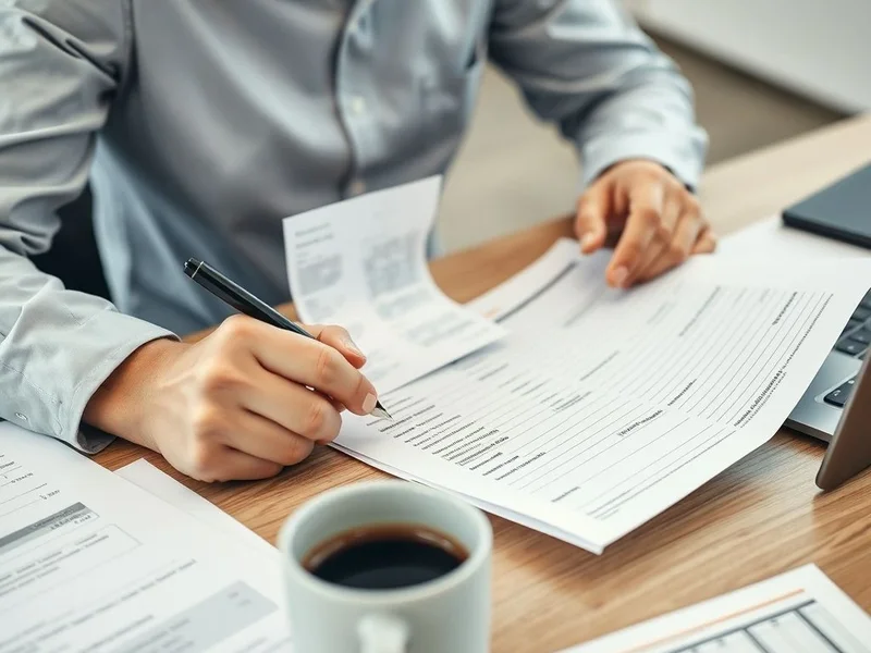 A person filling out an Expense Report form with receipts nearby