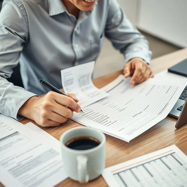 A person filling out an Expense Report form with receipts nearby