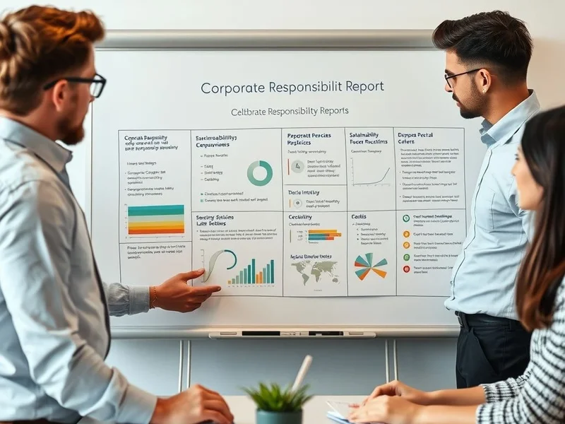 An employee team discussing a Corporate Responsibility Report on a whiteboard