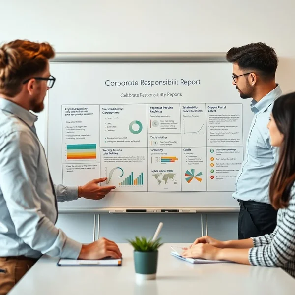 An employee team discussing a Corporate Responsibility Report on a whiteboard