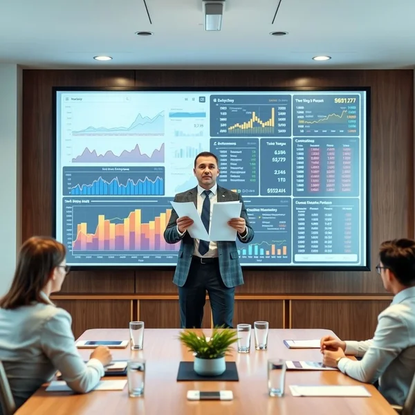 A professional presenting a Shareholder Report in a meeting