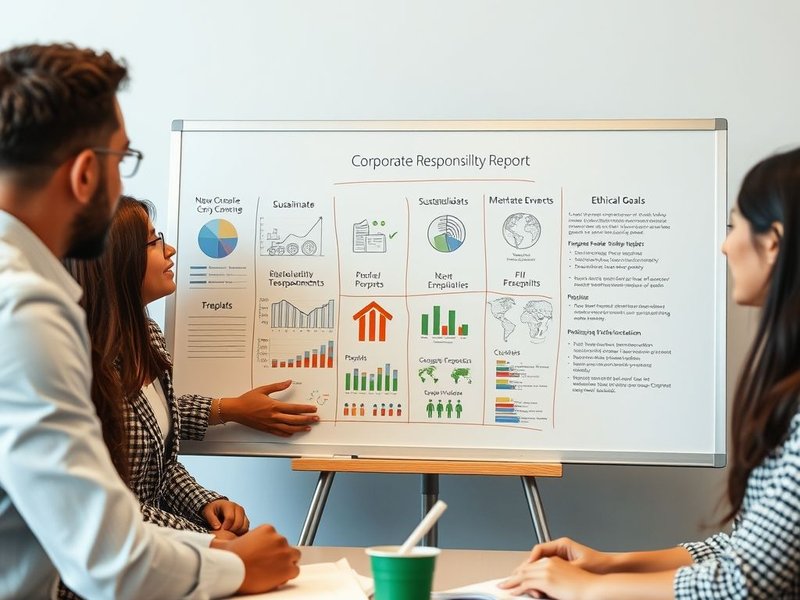 An employee team discussing a Corporate Responsibility Report on a whiteboard