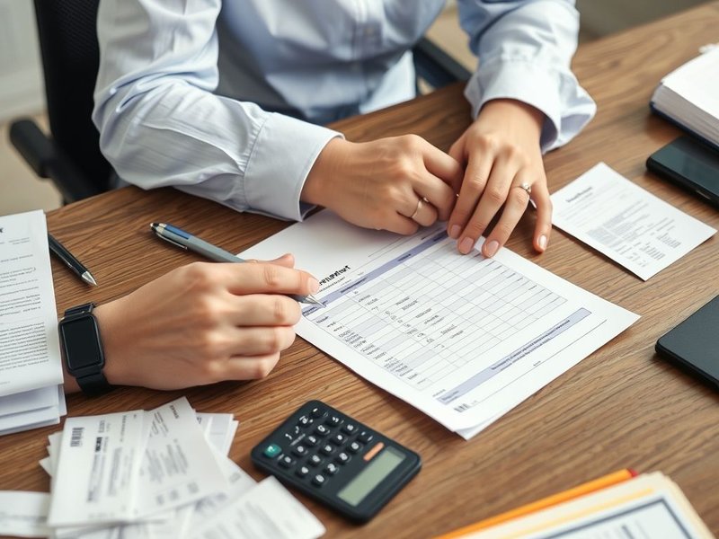 A person filling out an Expense Report form with receipts nearby