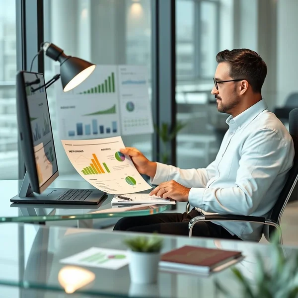 A professional reviewing charts and graphs for a Sustainability Report