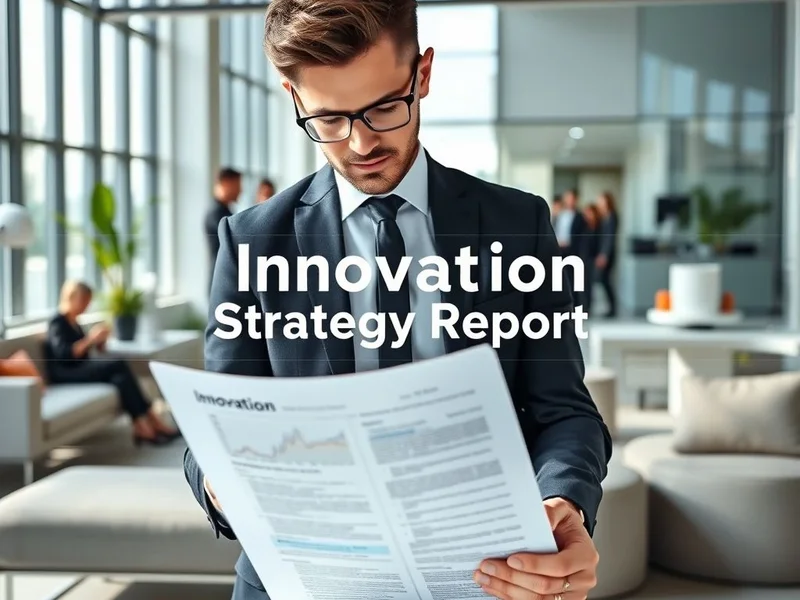 Imagen de una persona mirando un plano o documento de estrategia, con el título "Innovation Strategy Report" superpuesto en él.