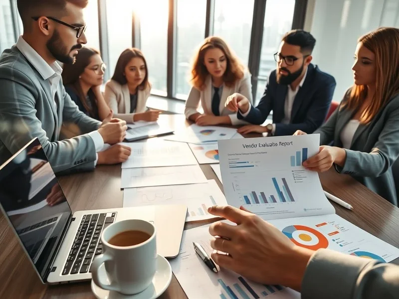 Imagem de um Vendor Evaluation Report sendo analisado em uma mesa com um laptop e documentos.