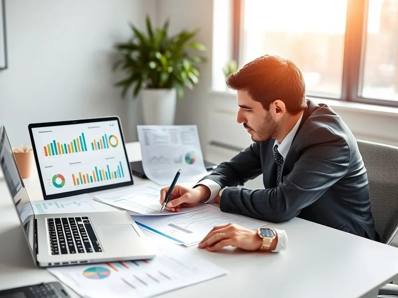 Imagen de un Vendor Evaluation Report siendo analizado sobre un escritorio con una laptop y documentos.