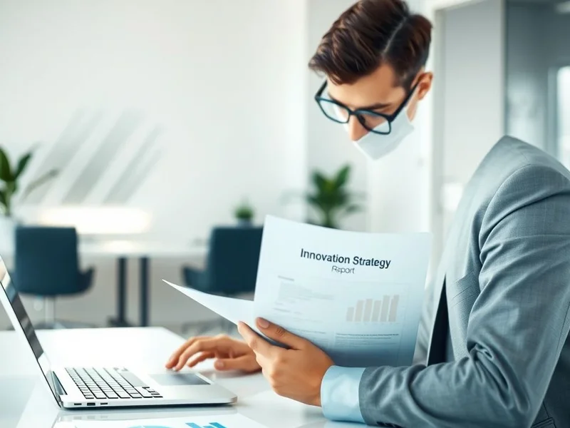 Imagem de uma pessoa olhando para um projeto ou documento de estratégia, com o título "Innovation Strategy Report" sobreposto.