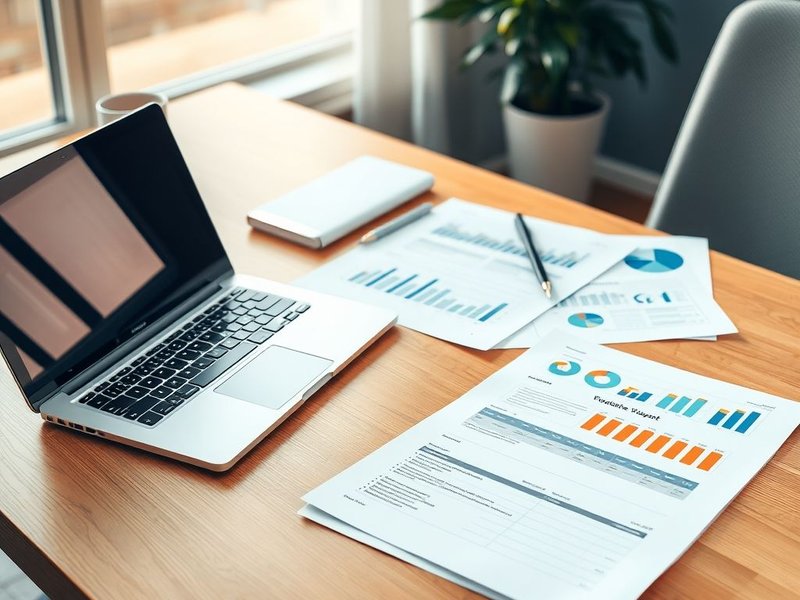 Afbeelding van een Vendor Evaluation Report dat wordt geanalyseerd op een bureau met een laptop en documenten.