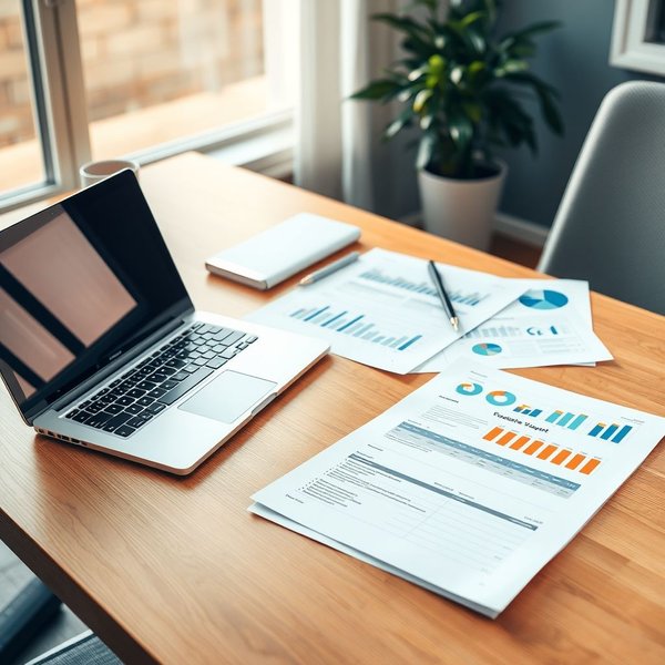 Afbeelding van een Vendor Evaluation Report dat wordt geanalyseerd op een bureau met een laptop en documenten.