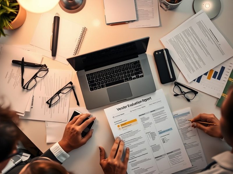 Bir masada dizüstü bilgisayar ve belgelerle analiz edilen bir Vendor Evaluation Report görseli.