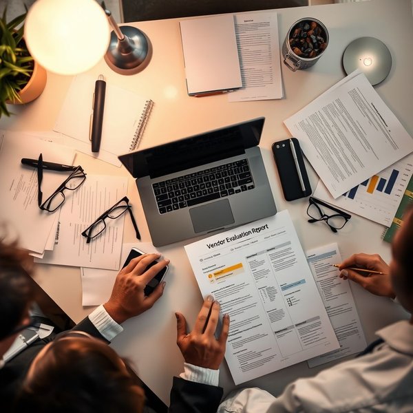 Bir masada dizüstü bilgisayar ve belgelerle analiz edilen bir Vendor Evaluation Report görseli.