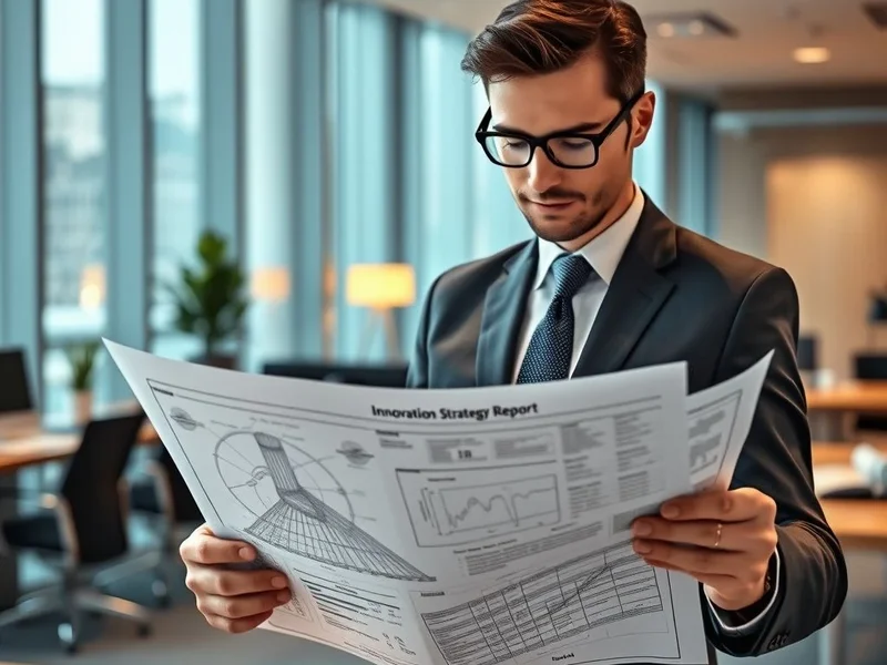 Gambar seseorang sedang melihat cetak biru atau dokumen strategi, dengan judul "Innovation Strategy Report" tertera di atasnya.