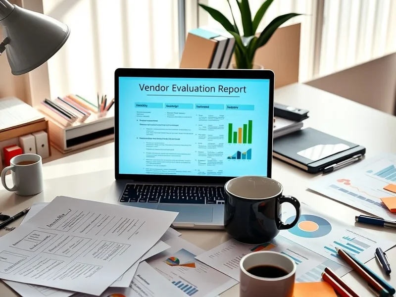 Image d’un Vendor Evaluation Report examiné sur un bureau avec un ordinateur portable et des documents.