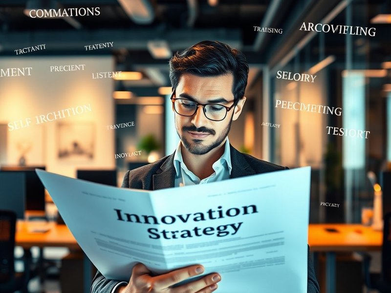 Bild einer Person, die auf einen Bauplan oder ein Strategiedokument blickt, mit dem Titel "Innovation Strategy Report" darübergelegt.