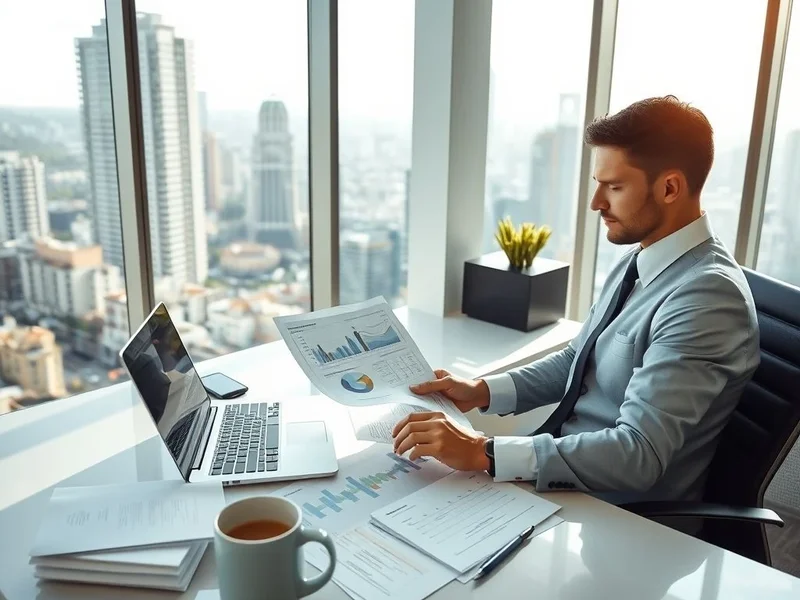 Image of a Vendor Evaluation Report being analyzed on a desk with a laptop and documents.